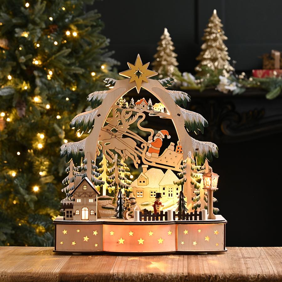 Light Up Wooden Santa's Village Scene